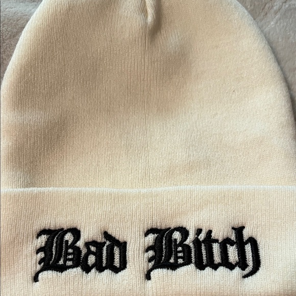 Cream Beanie with Embroidered Text - Picture 5 of 5